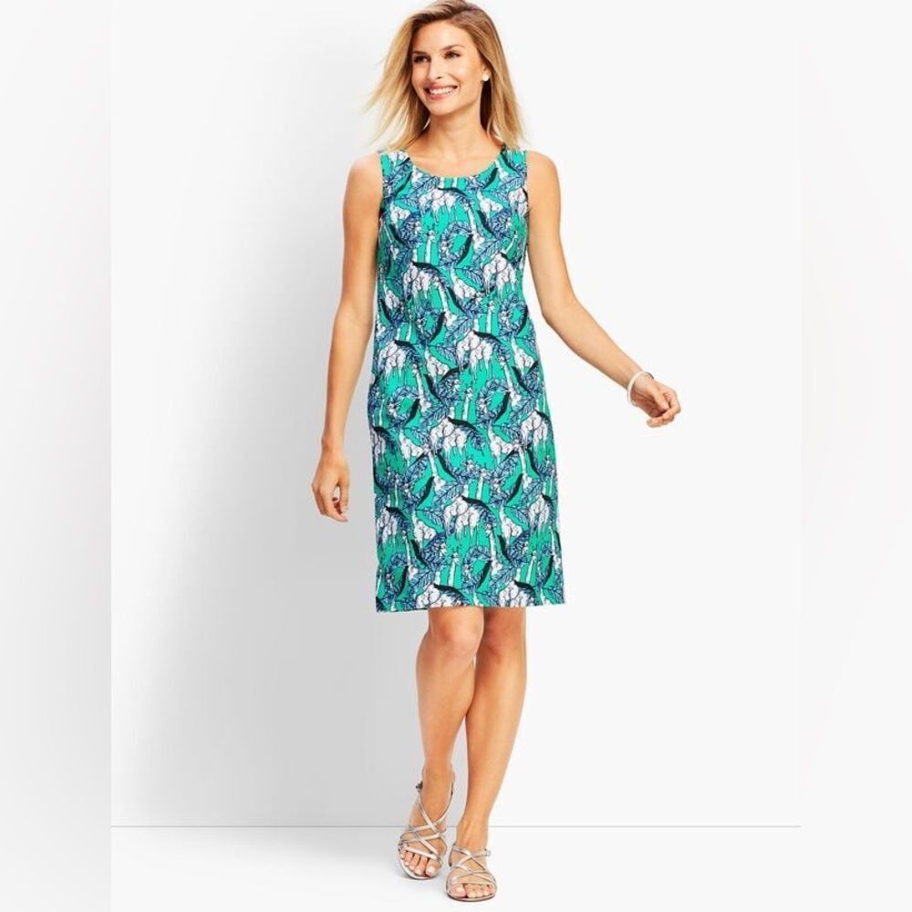 Talbots Green Blue Giraffe Print Sleeveless Shift Cotton Dress Women’s Size 2